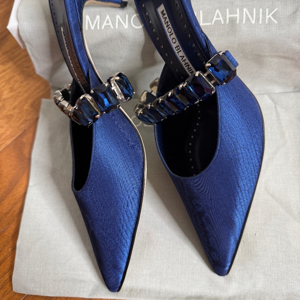 Manolo Blahnik Navy Blue Jeweled Slingback Pumps